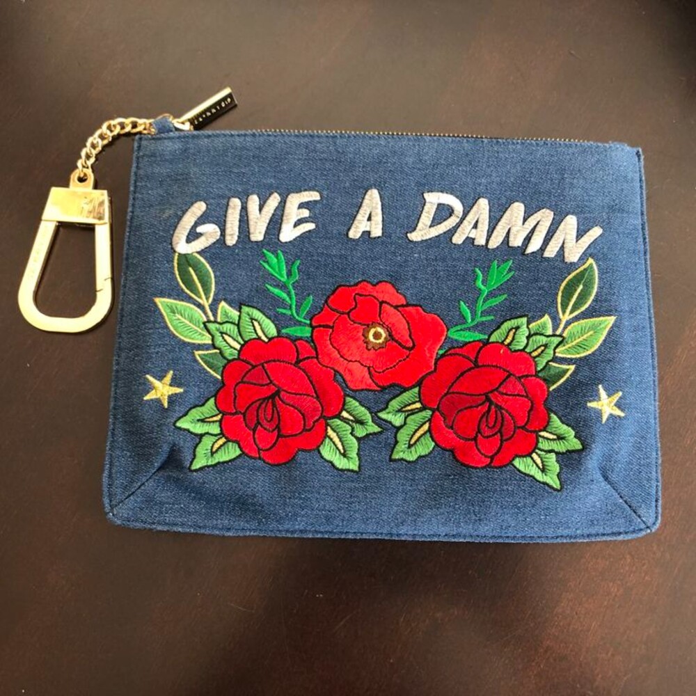 NWOT Embroidered "Give A Damn" Denim Envelope Handbag Wristlet Clutch